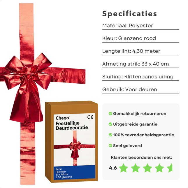 Cheqo® Rode Deurstrik - Kerstdecoratie -Glanzende Strik - Klittenband Bevestiging - Rode Kerststrik - Feestelijke Decoratie - Deurversiering - Grote Strik - Rode Glans - Decoratieve Strik - Deurkrans Alternatief - Deurstrik - Kerst Strik