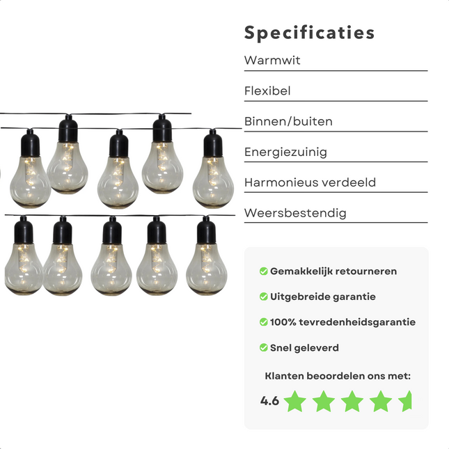 Cheqo® Sfeervolle Buitenverlichting - Lichtsnoer - Lichtslinger - Tuinverlichting - Feestverlichting Voor Tuin - Decoratieve LED Verlichting - Warm Wit - 10x3 Lampen