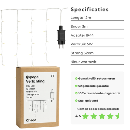 Cheqo® Ijspegel Verlichting - Kerstverlichting Buiten - Ijspegelverlichting Warm Wit - 360 LED - Transparant Snoer - 12 Meter - Lichtgordijn - Geschikt voor Binnen en Buiten - IP44 Adapter - Energiezuinig