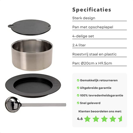 Cheqo® Roestvrijstalen Serveerpan - 2.4 liter - Dubbelwandig, Duurzaam & Stijlvol - Met Sauslepel - Kunststof Deksel - Onderbord (28.5cm) - RVS Sauslepel (25.5cm) - Houdt Gerechten Warm - Eenvoudig Schoon te Maken - Sauspan - RVS - Juspan Serveerpan