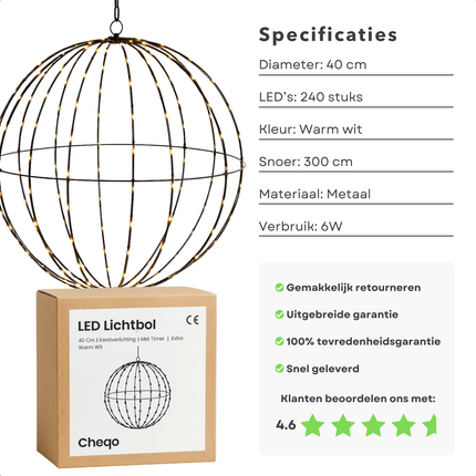 Cheqo® Lichtbol Metaal - Kerstverlichting Met Timer - Extra Warm Wit - 240 LED Kerstbal - Kerstfiguur - Zwart Metalen Frame - Geschikt Voor Binnen En Buiten - Opvouwbaar Ontwerp - IP44 Adapter - Automatische Timer - Kerstdecoratie