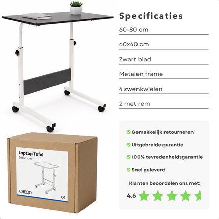 Cheqo® Bedtafel Op Wielen - Verrijdbare Bedtafel - Laptoptafel Op Wielen - Verrijdbare Laptoptafel - Overbed Tafel - Tafel Voor Over Bed - Bedtafeltje Met Wielen - Laptoptafel Bed - Bedtafel Laptop