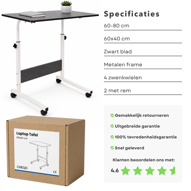 Cheqo® Bedtafel Op Wielen - Verrijdbare Bedtafel - Laptoptafel Op Wielen - Verrijdbare Laptoptafel - Overbed Tafel - Tafel Voor Over Bed - Bedtafeltje Met Wielen - Laptoptafel Bed - Bedtafel Laptop