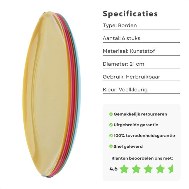 Cheqo® Kunststof Borden Set - Gekleurde Bordjes voor Kinderen - Herbruikbare Plastic Borden - Bordjes - Feestborden - 21 cm - Onbreekbaar - 6 Stuks - Multicolor