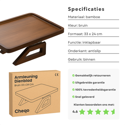 Cheqo® Armleuning Dienblad - Bamboe Dienblad - Antislip - Bruine Kleur - Inklapbaar Dienblad - Bank Dienblad - Bamboe