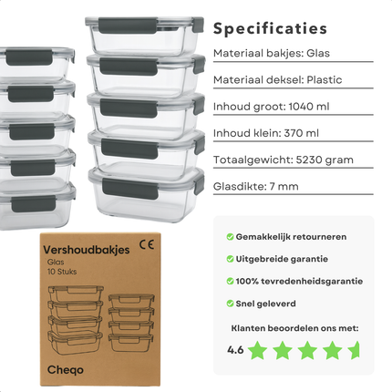 Cheqo® Glazen Meal Prep Bakjes - Vershoudbakjes Glas - Luchtdichte Vershoudbakjes - Glazen Bewaarbakjes - Magnetronbestendige Bakjes - Ovenbestendige Bakjes - Diepvriesbakjes Glas - Mealprep