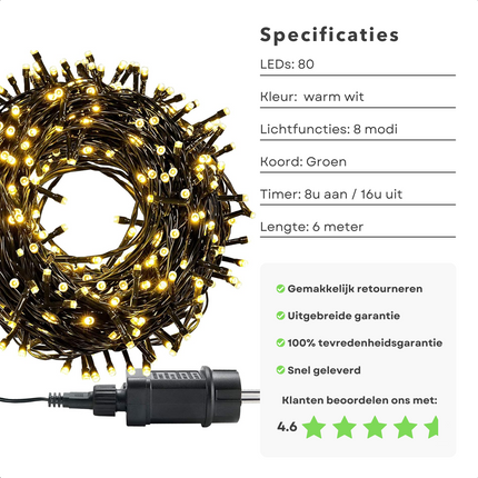 Cheqo® Kerstverlichting - Kerstboomverlichting - Kerstlampjes - Sfeerverlichting - LED Verlichting - Voor Binnen en Buiten - Tuinverlichting - Feestverlichting - Lichtsnoer - 80 LED's - 6M - Warm Wit - Timer - 8 Lichtfuncties - Geheugen Kerstboomverlichting