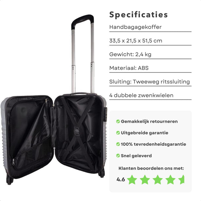 Cheqo® Handbagage Koffer - Hardcase met Modern Design - 33,5x21,5x51,5 cm - 4 Dubbele Zwenkwielen - Blauw - Geschikt als Handbagage Reizen & Outdoor