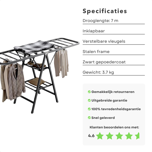 Cheqo® Luxe Inklapbaar Droogrek - Droogtoren - Verstelbare Vleugels - 7 Meter Drooglengte - Stalen Constructie - Zwart