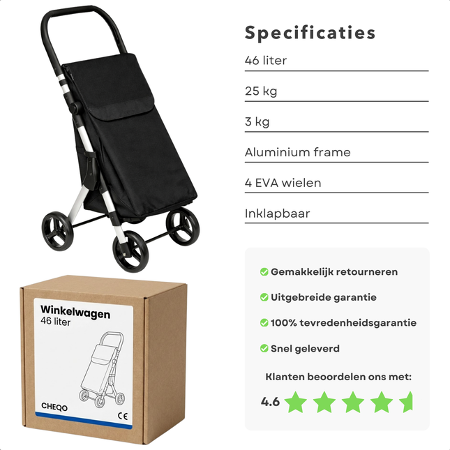 Cheqo® Boodschappentrolley - Boodschappenwagen - Boodschappenkar - Boodschappentrolley Opvouwbaar - Boodschappentrolley Met Wielen - Boodschappentrolley Zwart - Boodschappentrolley 4 Wielen