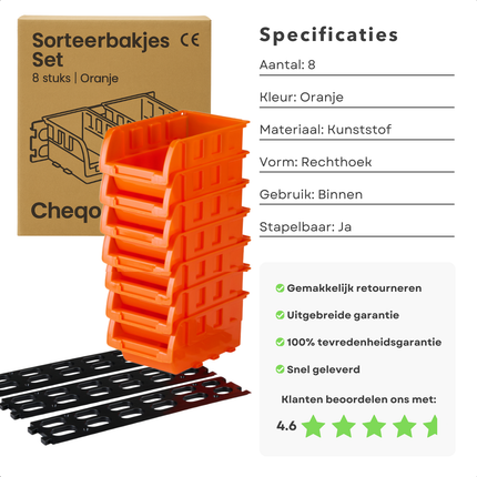 Cheqo® Stapelbare Sorteerbakjes - Opbergbakjes Oranje - Set Van 8 Stuks - Kantoorbenodigdheden Opbergen - Hobbyartikelen Organizer - Sieraden Opbergen - Kostbaarheden Sorteren - Veelzijdige Opbergoplossing - Ruimtebesparend Ontwerp