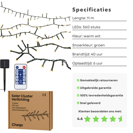 Cheqo® Solar Lichtsnoer - Kerstverlichting Buiten - Kerstboomverlichting - Cluster Verlichting - 11 Meter - 560 Led - Met Afstandsbediening - Warm Wit Licht - Tuinverlichting Op Zonne-Energie - Sfeerverlichting Buiten - Lichtslinger - Met Timer