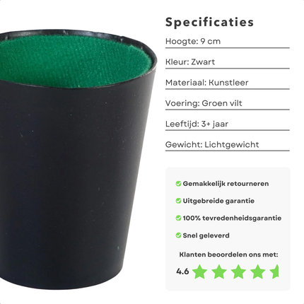Cheqo® Pokerbeker - Beker voor Dobbelstenen - Dobbelbeker - Dobbelstenen Beker - Zwart