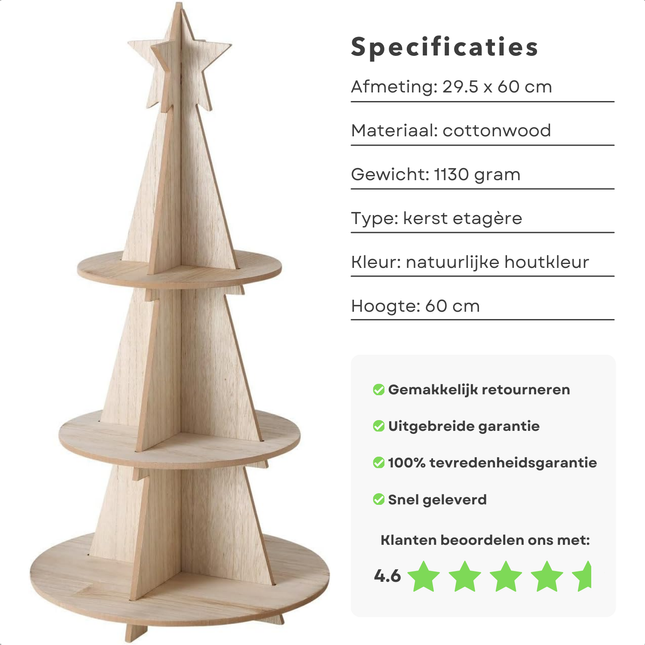 Cheqo® Kerst Etagere - Hout - Kerstdecoratie - Kerstboom Etagere - Kerst Serveerplank - Serveertoren - Serveerschaal - Kerstontbijt - Kerstdiner