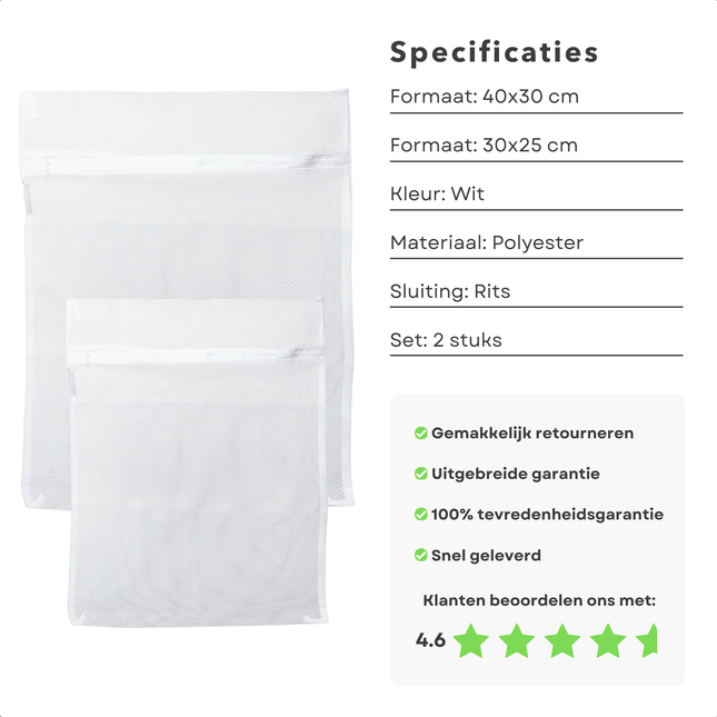 Cheqo® Waszakken Set - Wasnetten - Waszak met Ritssluiting - Was Zak - 40x30 cm & 30x25 cm - Wit
