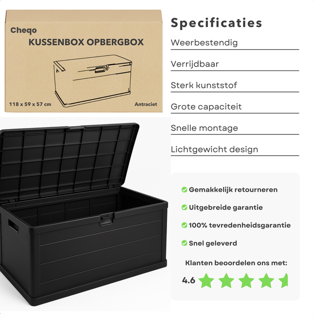 Cheqo® Kussen Opbergbox - Kussenbox - Tuinkussenbox - Tuinkussen Box - Weerbestendig & Verrijdbaar - Opbergbox Tuin voor Buiten - 340 L
