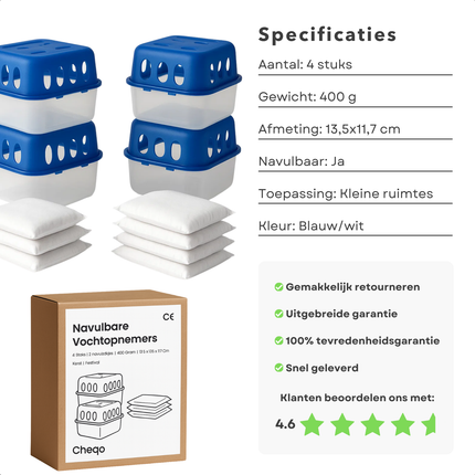 Cheqo® Navulbare Vochtopnemers - Vochtvanger Navulling - Vochtontrekker Navulzak - Vochtopnemer Navulling - Beschermt Tegen Schimmel - Bestrijding Van Geurtjes - Set Van 4 Stuks - Kleine Ruimtes - Weinig Ventilatie - Condensbestrijding