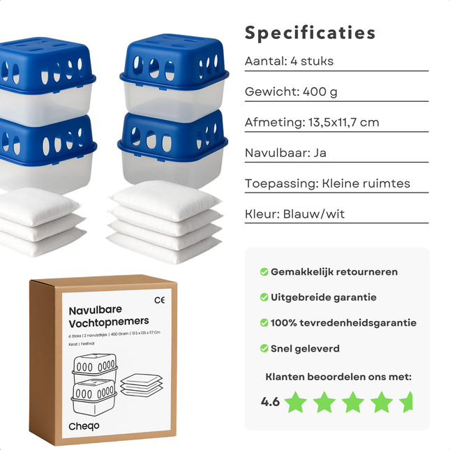Cheqo® Navulbare Vochtopnemers - Vochtvanger Navulling - Vochtontrekker Navulzak - Vochtopnemer Navulling - Beschermt Tegen Schimmel - Bestrijding Van Geurtjes - Set Van 4 Stuks - Kleine Ruimtes - Weinig Ventilatie - Condensbestrijding