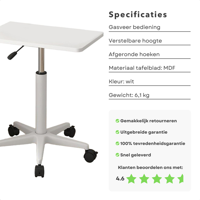 Cheqo® Verstelbare Bijzettafel op Wieltjes - Nachtkastje - Bedtafel - Tafelt - Banktafel - Laptoptafel - Bijzet Tafel Wielen - MDF Wit