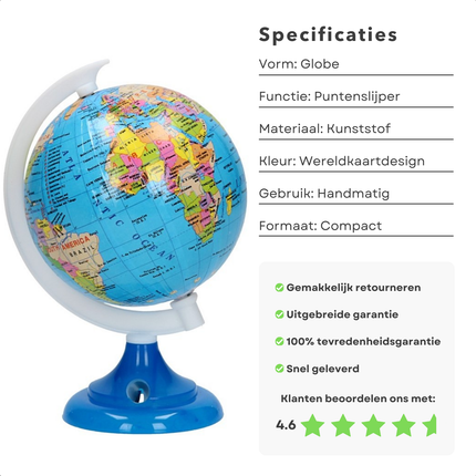 Cheqo® Puntenslijper Globe - Wereldbol Puntenslijper - Bureauaccessoire - Wereldbol Design - Decoratief en Praktisch