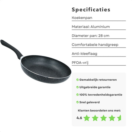 Cheqo® Koekenpan Ø28cm - Soft Touch Handgreep - Gelijkmatige Warmteverdeling - Pannen - Bakpan - Lange Levensduur - Aluminium - Voor Alle Warmtebronnen Koekenpannen