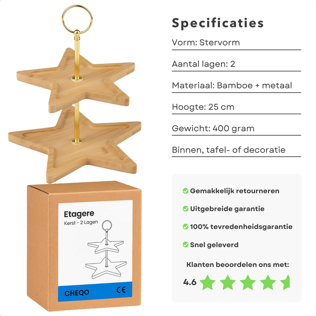 Cheqo® Kerst Etagere - 2 Lagen - Bamboe Etagere - Stervorm Etagere - Kerstdecoratie - Serveertoren - Bamboe En Metaal - Kersttafel Decoratie - Lichtgewicht Etagere - Kerstontbijt - Kerstdiner