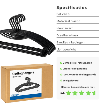 Cheqo® Kledinghangers - Kleerhanger - Kleding Hanger Zwart - Kleeerhangers Set Van 5 - Hangers - Draaibare Haak - Inkepingen Voor Bandjes - Kledinghangers Set - Kledingopslag - Garderobe Opruimen - Kleding Organisatie