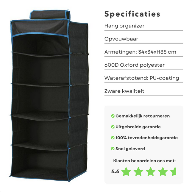 Cheqo® Hang Organizer - Kledingkast Organizer - Camping Kast Organizer - Hangorganizer - Tentorganizer 5 Vaks - Opvouwbare Opbergkast voor Caravan - Hangende Opbergzak Camping - Kledingkast Organiser - Hangend Opbergysteem - Hangende Kledingkast