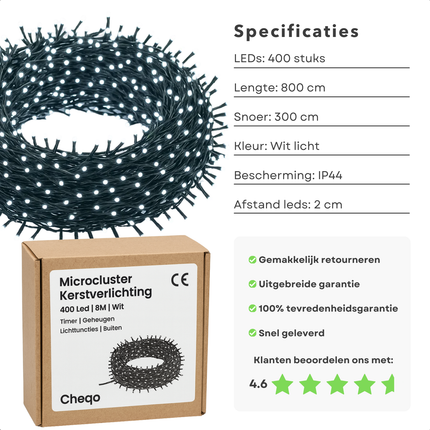 Cheqo® Kerstverlichting - Kerstlampjes - Kerstboomverlichting voor Buiten - 400 LED Lampjes - 8 Meter Lengte - Wit Licht - Koelwit - 8 Lichtfuncties - Geheugenfunctie - Timer 8 Uur - IP44 Adapter - Groen Snoer - Binnen en Buiten - Verlichte Lengte 800 CM