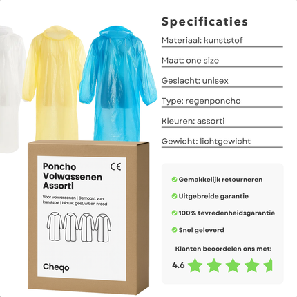 Cheqo® Transparante Poncho - Poncho Voor Volwassenen - Kunststof Poncho - Festival Poncho - Regenponcho - Waterdichte Poncho - Regen Poncho Festival - Willekeurige Kleur Poncho - Poncho Multicolor - Regenponcho Volwassenen