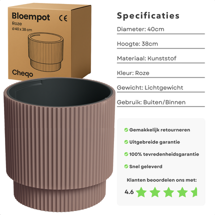 Cheqo® Bloempot Bruin - Bruine Plantenpot - Roze Plantenbak - Kunststof - Voor Binnen en Buiten - Ideaal voor Balkon