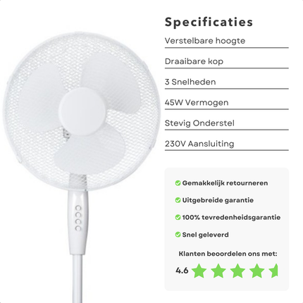 Cheqo® Ventilator - Statiefventilator - Koelventilator Woonkamer - 45W Verstelbaar - Airco Alternatief - Wit Design