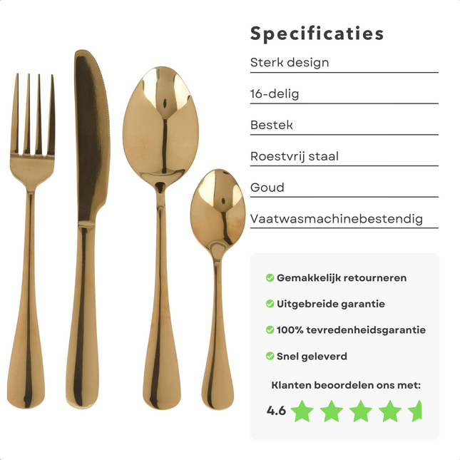 Cheqo® 16-Delige Bestekset met Gouden PVD Coating - 4 persoons - Dinerset - Luxe Uitvoering - Messen - Vorken - Lepels - Eetgerei - RVS Bestekset