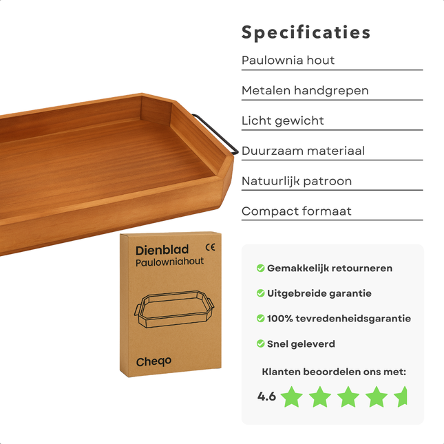Cheqo® Houten Dienblad - Serveerplateau - Serveerblad - Serveerplank - Ontbijttafel - Ontbijt op Bed - Duurzaam en Lichtgewicht - Metalen Handgrepen