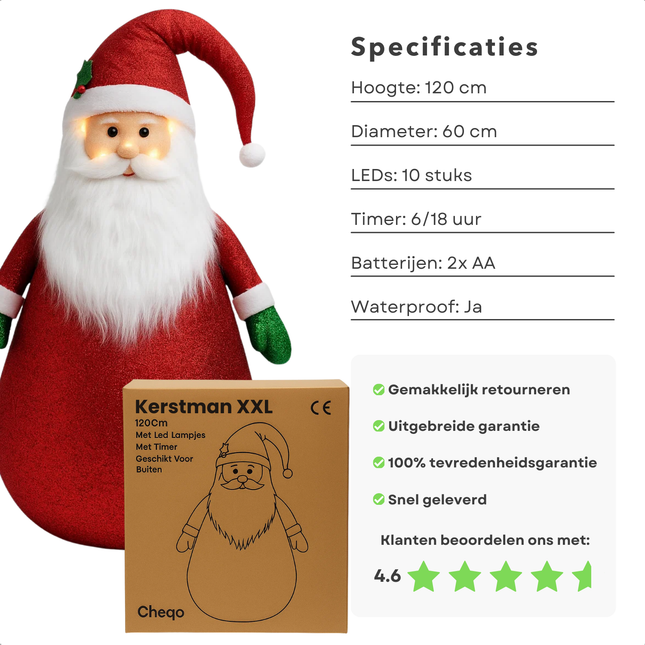 Cheqo® Kerstman XXL - LED Verlichting - 120 Cm Hoogte - Geschikt Voor Buiten - Warm-Witte LED Lampjes - Met Timer - Kerstdecoratie Buiten - Waterproof Kerstman - Batterij Aangedreven - Ruimtebesparend Opbergen - 10 LED Lampjes