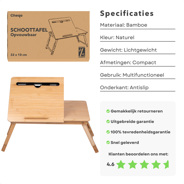 Cheqo® Bamboe Laptoptafel - Ontbijt op Bed - Bedtafel - Laptopstandaard - Laptop Tafel - Verstelbaar & Ergonomisch - Ideaal voor Bed & Bank - Opvouwbaar Design