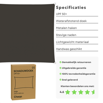 Cheqo® Schaduwdoek Vierkant - Schaduwnet - Zonwering - Zonnezeil - Luifel - Waterafstotend - 3x3 Meter - Polyester UV-bescherming - Grijs