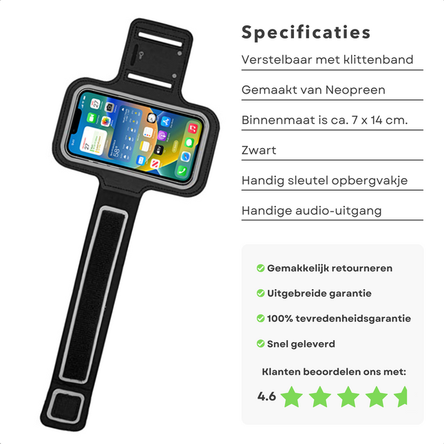 Cheqo® Sport-armband - Neoprene - 7x14 cm - Zwart - Klittenband Bevestiging - Audio-uitgang - Sleutel Opbergvakje - Hardlopen, Fietsen, Fitness - Telefoonhouder - Waterdicht - Sleutel Opbergvakje - Verstelbaar - Unisex sportarmbanden