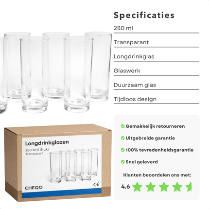 Cheqo® Longdrinkglazen Set - Longdrinkglazen - Longdrink Glazen - Drinkglazen Set - Drinkglazen - Waterglazen Set - Waterglazen - Longdrinkglazen Set 6 - Longdrinkglazen Transparant - Transparante Drinkglazen