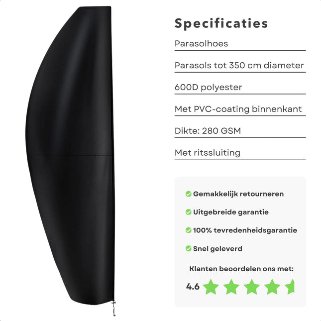 Cheqo®  Beschermhoes voor Zweefparasol - Waterdicht - UV-Bestendig - 350 cm - Met Ritssluiting - Parasolhoes - Zware Kwaliteit - 600D Polyester - Trekkoord / Ritssluiting - Tuinhoes - Hoes Voor Parasol tuinmeubelhoezen