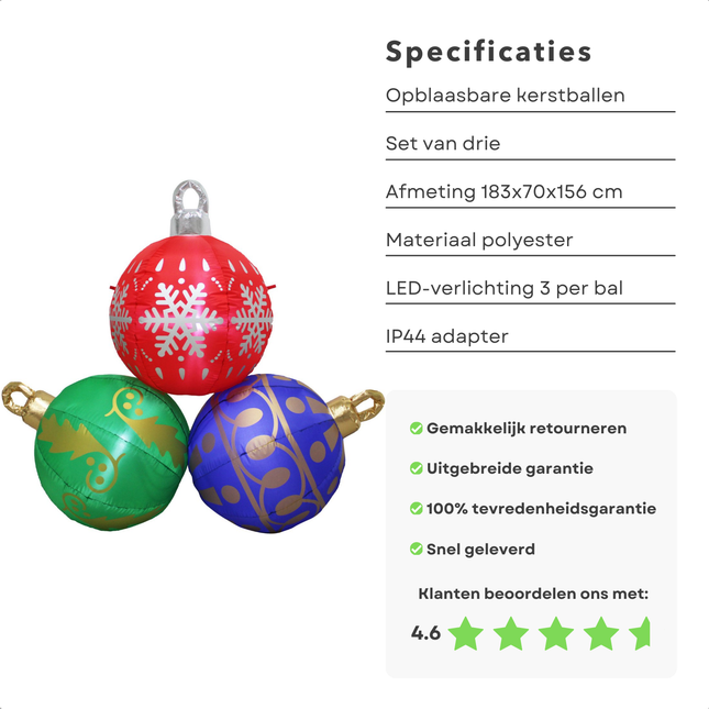 Cheqo® Opblaasbare Kerstballen XL - Kerstballen Verlicht - LED Kerstverluchting - Kerstdecoratie Set van 3