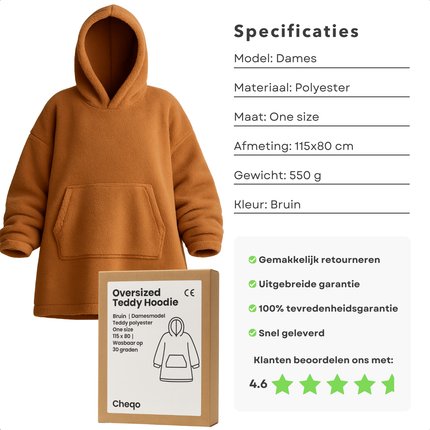 Cheqo® Teddy Hoodie Deken voor Vrouwen Bruin - Bruine Teddy Hoodie - Snuggle Hoodie - Cuddle Hoodie - Hoodie Blanket - Oodie Plaid - Deken - Oversized Hoodie - One Size