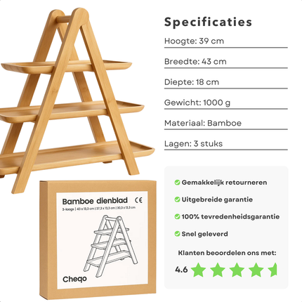 Cheqo® Etagere Bamboe - 3 Laags - Serveertoren - Bamboe Hout - Presenteerschaal - High Tea - Bamboe Serveerplateau - Bamboe Presentatie - Bamboe Serveertray - Hapjes Presenteren - Bamboe Decoratie - Bamboe Design