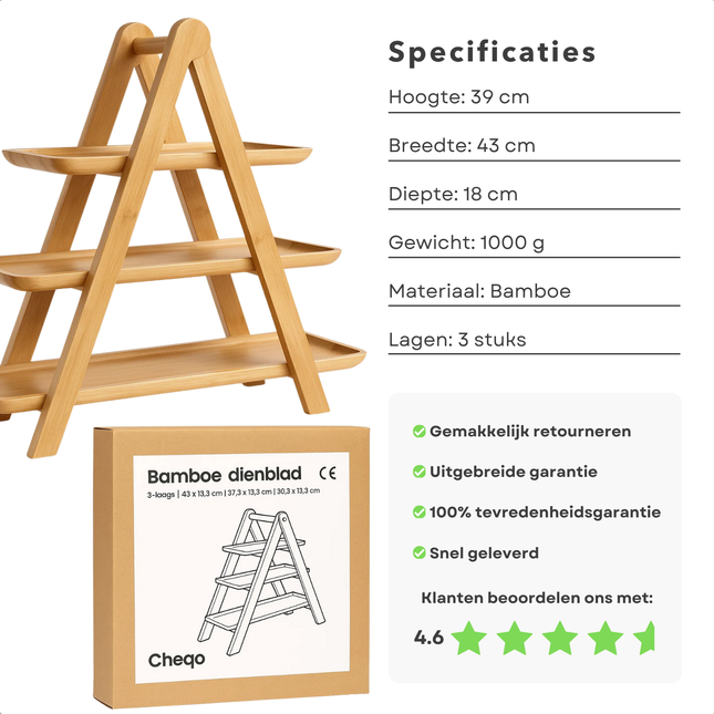 Cheqo® Etagere Bamboe - 3 Laags - Serveertoren - Bamboe Hout - Presenteerschaal - High Tea - Bamboe Serveerplateau - Bamboe Presentatie - Bamboe Serveertray - Hapjes Presenteren - Bamboe Decoratie - Bamboe Design