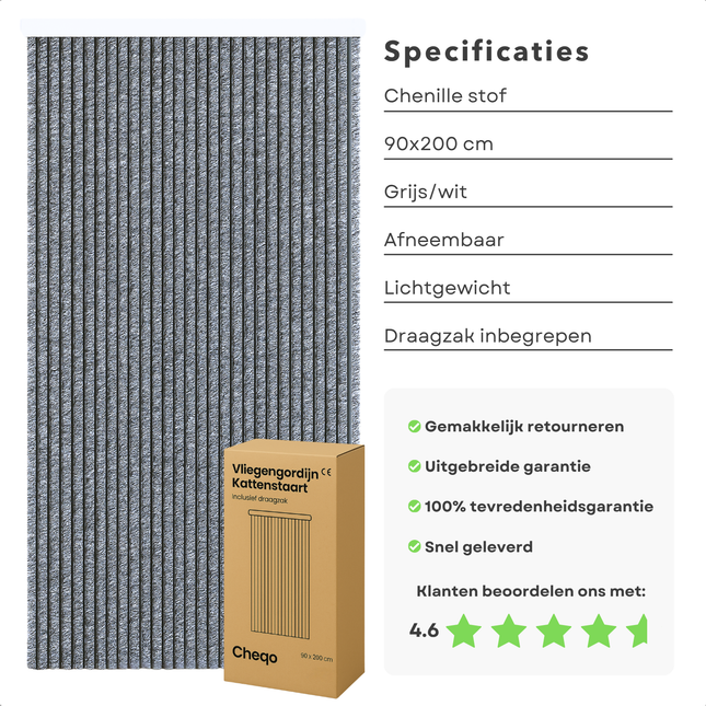 Cheqo® Vliegengordijn Kattenstaart - Deurgordijn - Vliegen Gordijn - Hordeur - Deurhor - 90x200 cm - Chenille Grijs/Wit - Voor Caravan en Thuis