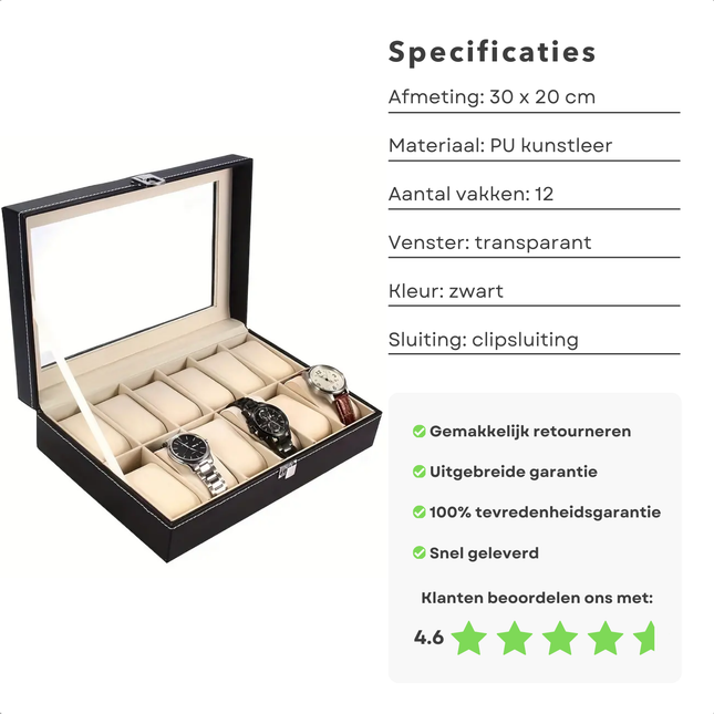 Cheqo® XL Horlogebox - Horlogedoos - Sieradendoos - PU Leer - 12 Vakken - Zwart - Met Venster - Voor Verzamelaars