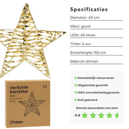Cheqo® Verlichte Kerstster - Gouden Kerstster - 60 Led Lampjes - Warm Wit Licht - Microled Verlichting - Kerstdecoratie Binnen - Metalen Kerstster - Kunststof Kerstster - Timer Functie - Batterij Aangedreven - Gouden Kerstster - Kerst Ster