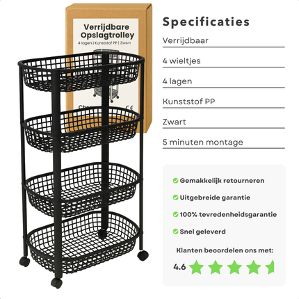 Cheqo® Keukentrolley Op Wieltjes - 4 Lagen - Opberg Trolley - Kunststof Trolley - Smalle Rolwagen - Keuken Organizer - Opberg Manden - Badkamer Organizer - Keuken Opbergrek