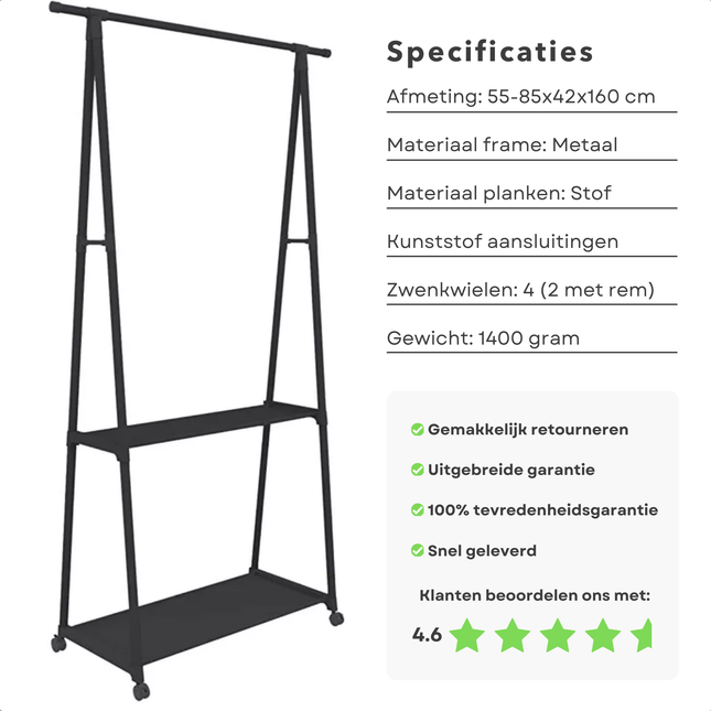 Verrijdbaar zwart metalen kledingrek met planken, afmetingen 55x85x42x160 cm, met wielen en hoge klantbeoordeling van 4.6 sterren.