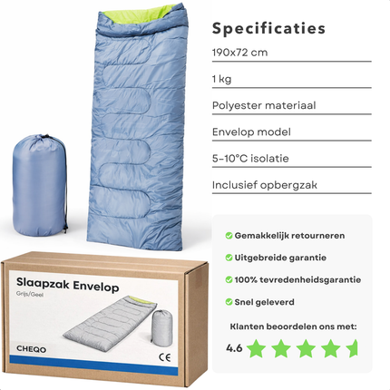 Cheqo® Slaapzak Envelop - Slaapzak Dekenmodel - Zomerslaapzak - Slaapzak Volwassenen - Slaapzak Camping - Slaapzak Kamperen - Slaapzak Festival - Reisslaapzak - Lichtgewicht Slaapzak - Dunne Slaapzak